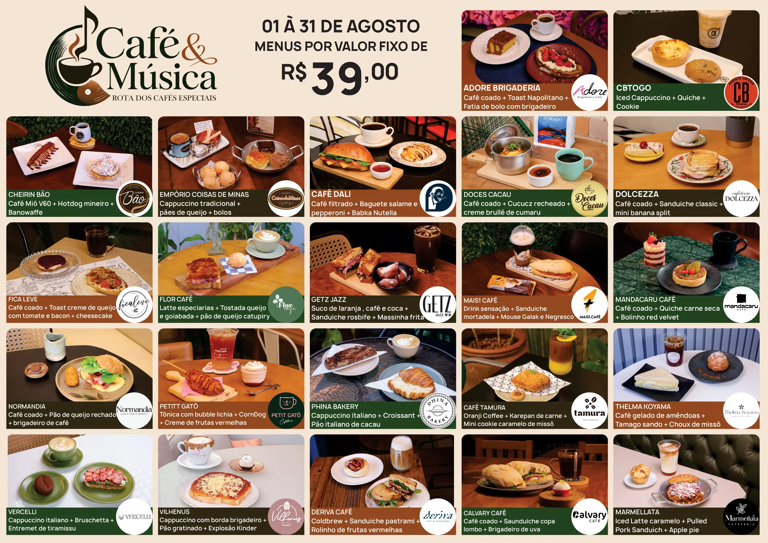 Arte do festival Café & Música com os combos das cafeterias participantes